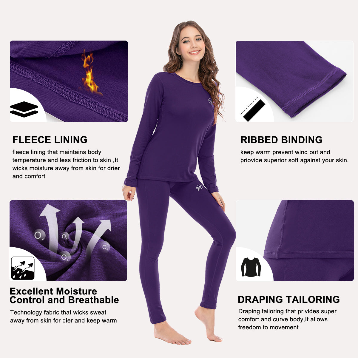 YWDJ Womens Thermal Underwear Sets Tight Round Neck Wool Thermal Underwear  Pure And Trousers Two-piece Set Purple L 