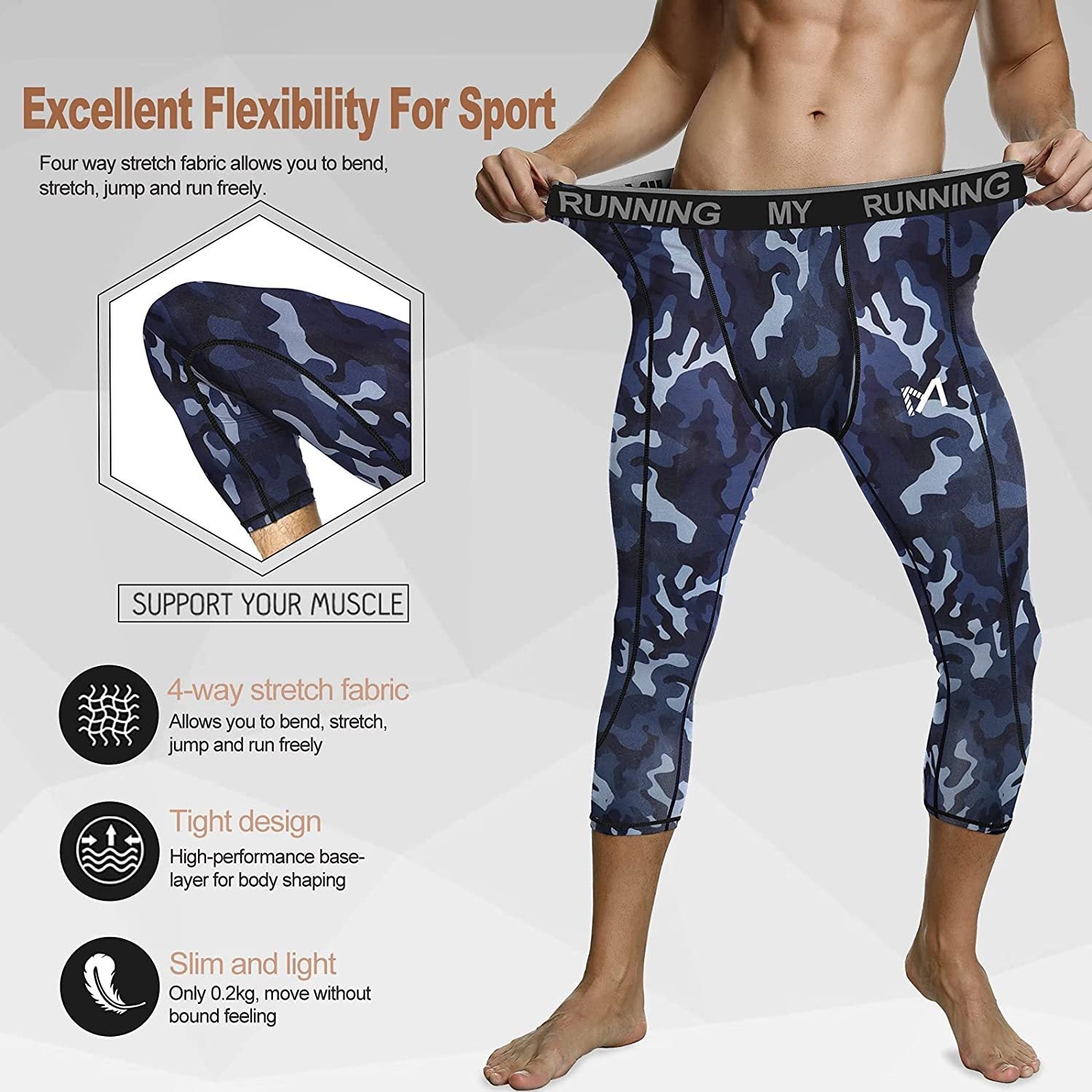  Mens 3/4 Compression Pants, Running Workout Tights