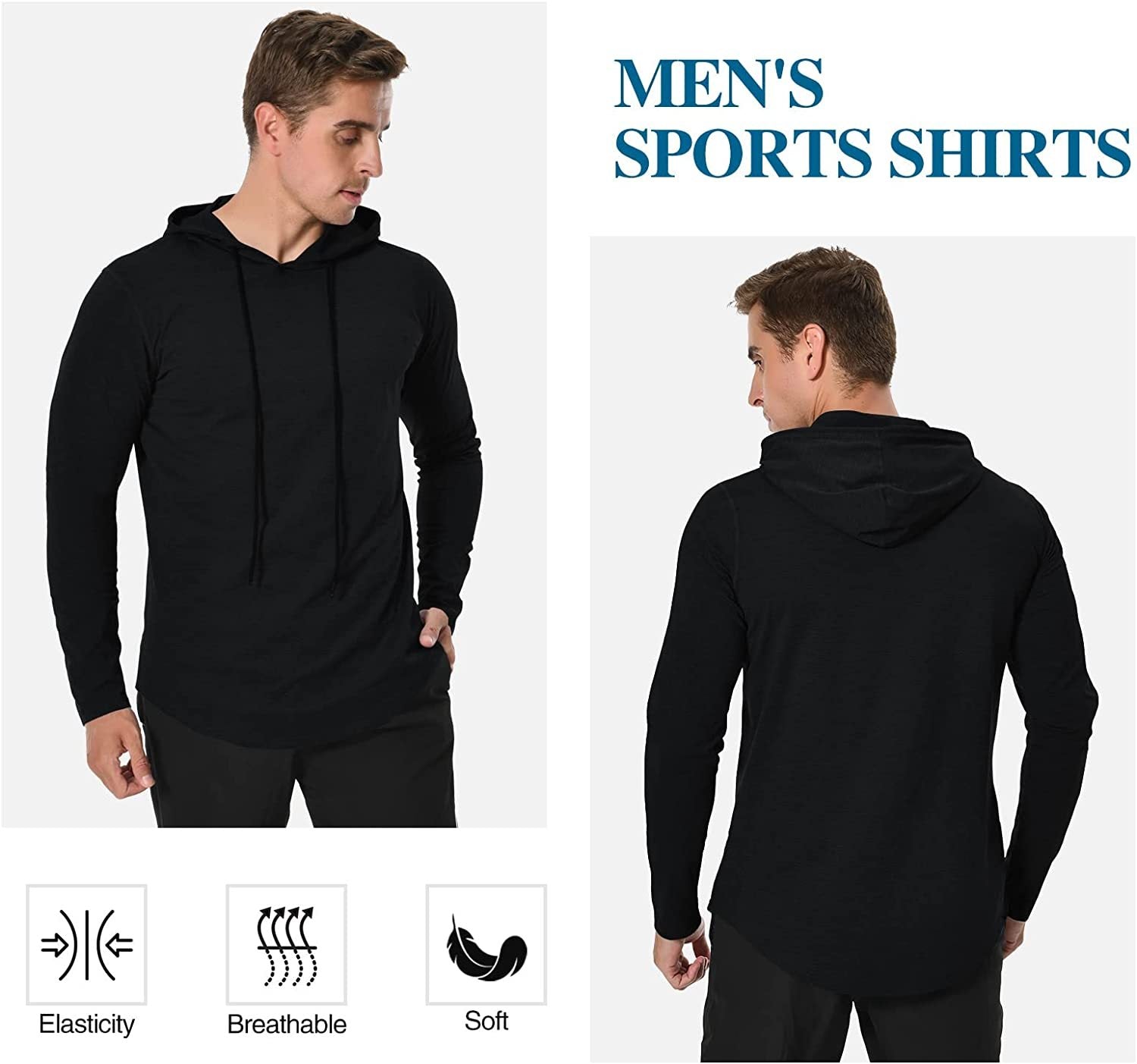 Long Sleeve Workout Hoodie Shirts for Men, Lightweight Athletic Running  Hooded T-Shirt Gym Fishing Sweatshirts