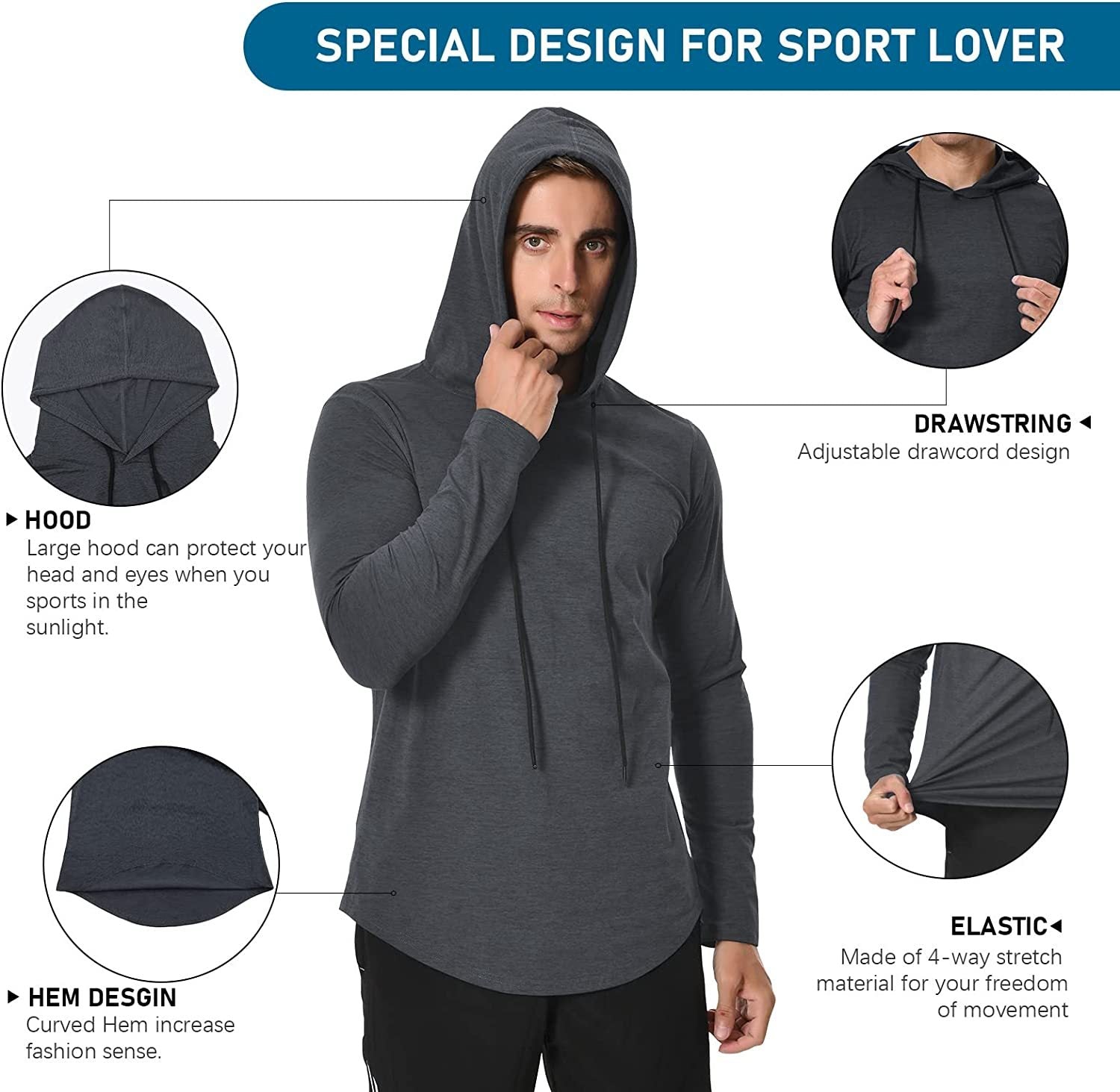 Long Sleeve Workout Hoodie Shirts for Men Lightweight Athletic Runnin MEETWEE