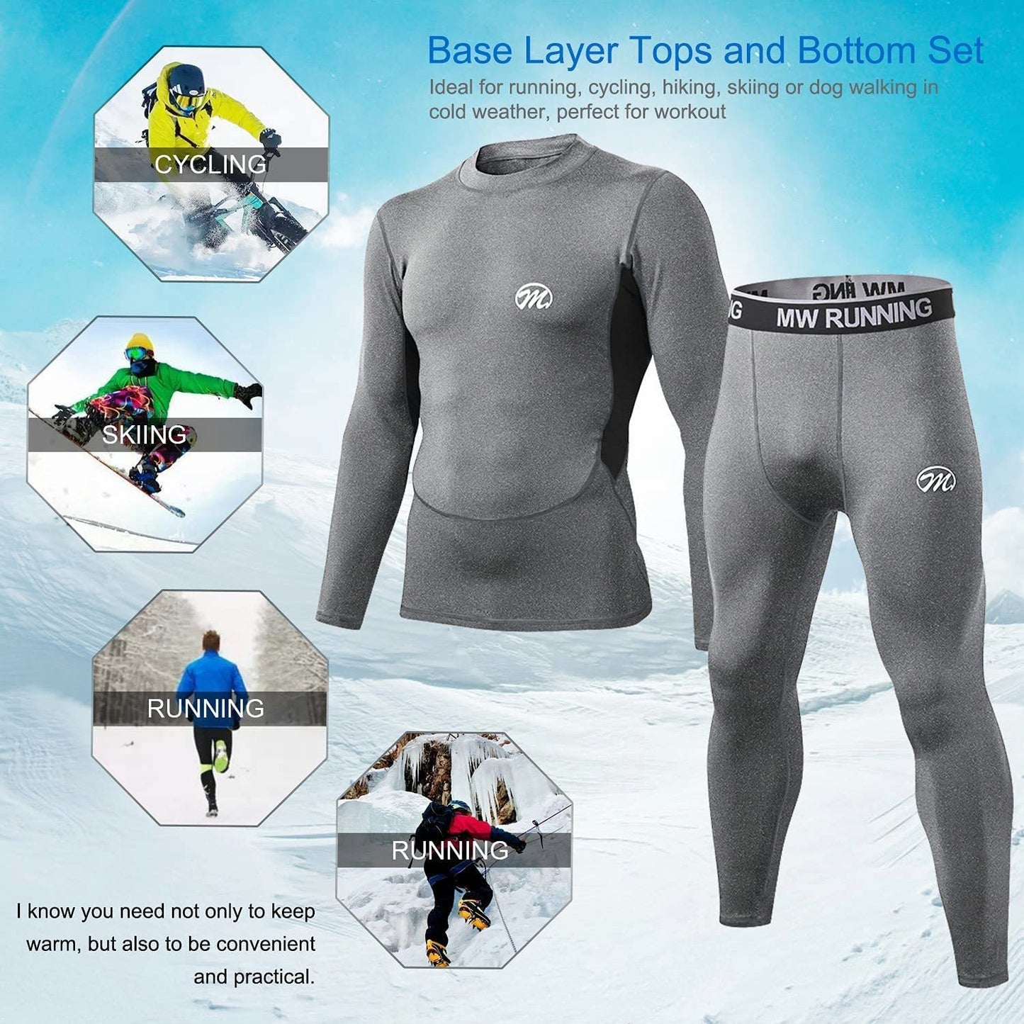 Mens Thermal Underwear Set, Fleece Lined Basy Layer Top & Bottom