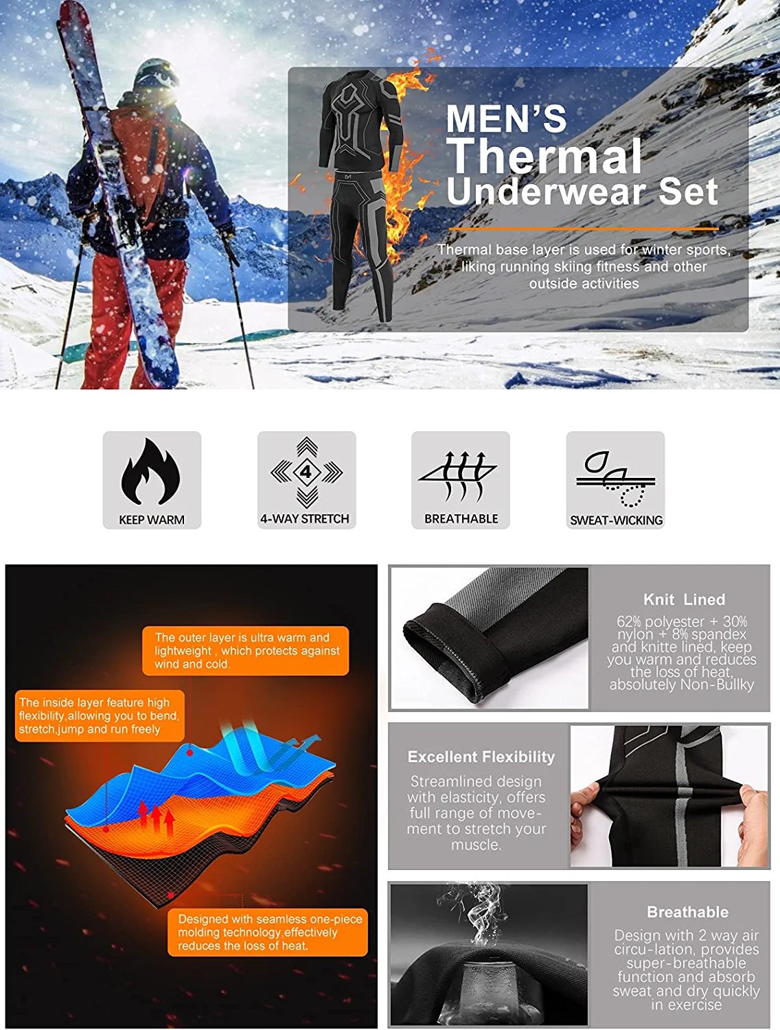 Ski Underwear Set Winter Thermal Compression Men Fitness Training Suit